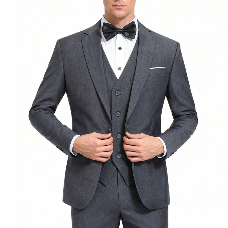 YFFUSHI Men's Slim Fit 3 Piece Suit One Button Blazer Tux Vest & Trousers,Dark Grey,Small - Image 1